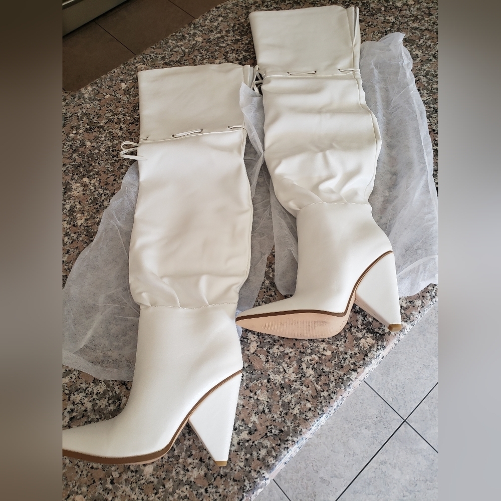 PrettyLittleThing White Over-the-Knee Cone Heel Boots